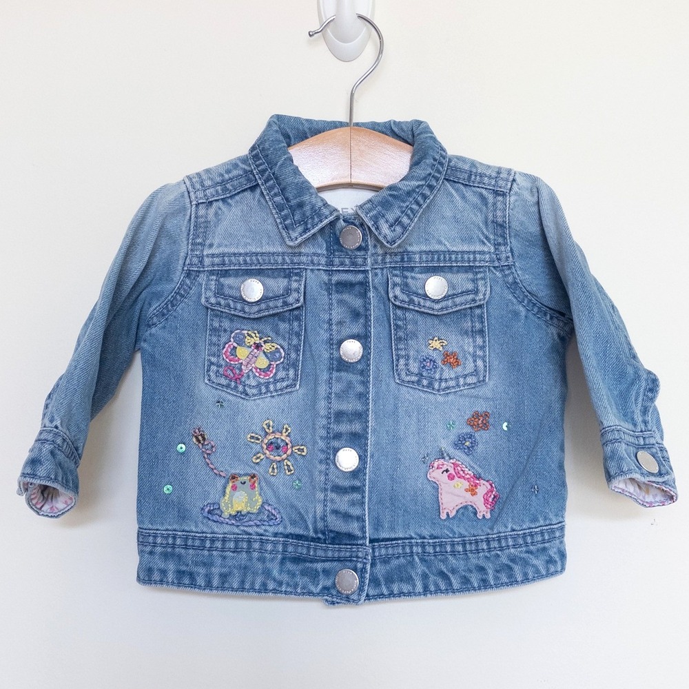 Next Denim Jacket Blue Embroidered Sequined Unicorn Butterfly Baby 3-6 Months